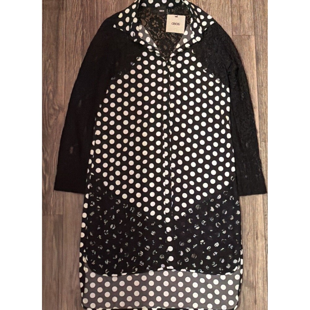 ASOS Black/White Polka Dot Lace Collar Shirt Dress 3/4 Sleeve Button US 8